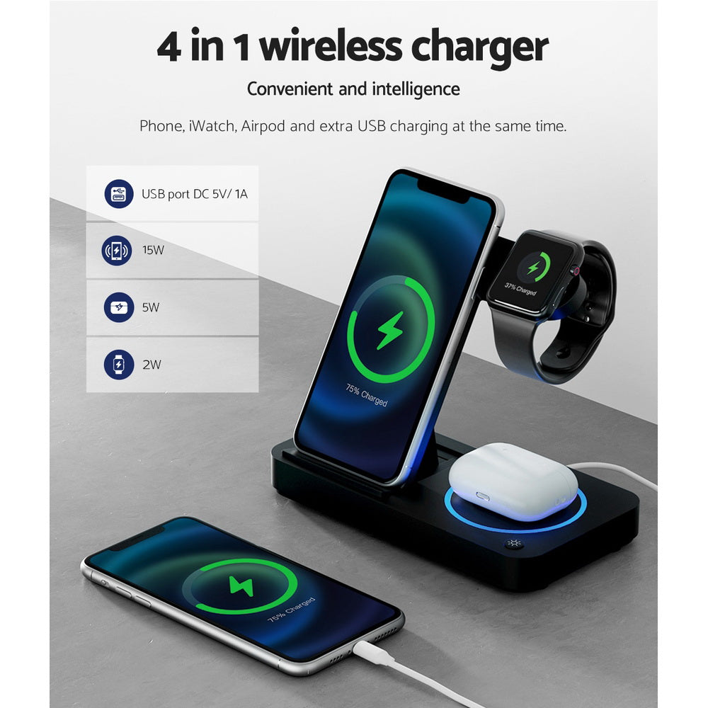 QuadCharger - 4 in 1 Wireless Charger - LED - Black